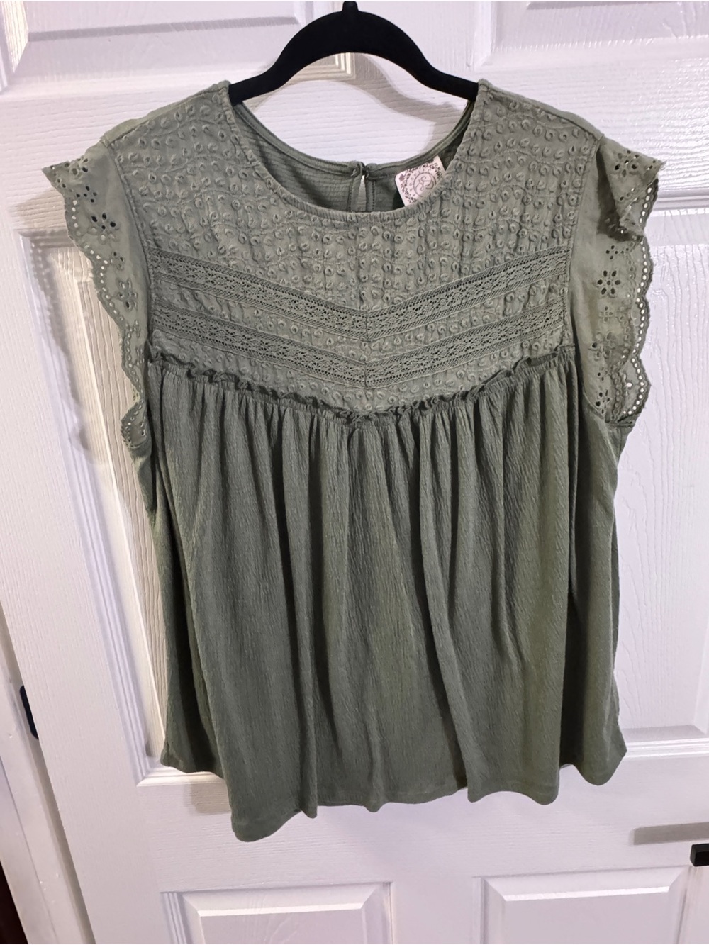 Pleated Olive Eyelet Yoke Sleeveless